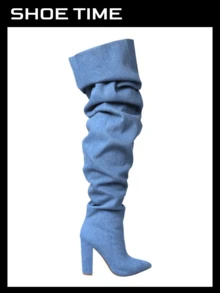 Over The Knee Wide Calf Slouchy Chunky Heel Boots - Denim - View 1