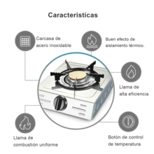 Cocina de gas de un solo quemador, cuerpo de acero inoxidable resistente a altas temperaturas y al óxido. Mando giratorio para un control preciso de la temperatura, lo que garantiza un calentamiento uniforme y una cocción antiadherente. Adecuada para cocinas domésticas y acampadas al aire libre. La combustión eficiente ahorra gas y energía. La base antideslizante proporciona estabilidad. Diseño duradero y fácil de limpiar. - Plateado - Ver 2