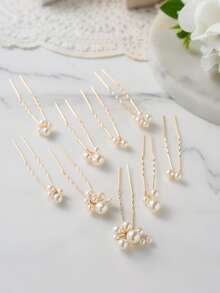 9pcs Faux Pearl Flower Hair Clips & Combs Set, Leaf Shaped Bridal Hair Accessories, Wedding Hair Decorations Valentine's Day Accessories - Multicolor - View 17