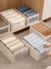 One Beige Storage Basket With A Transparent Window. Stackable, Durable Material, Multi-Functional Storage Box Suitable For Clothing Organization And Wardrobe Storage. Foldable Design For Easy Storage. Can Be Used For Clothing Sorting Or As A General Storage Box. - Multicolor - View 5