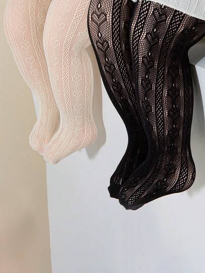 2 Pairs/Pack Infant Girls' Black/Nude Full Heart Hollow Out Breathable Mesh Tights, Suitable For Daily Life Or Outfits