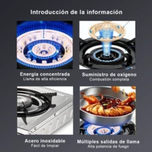 Placa de gas de doble quemador / Cuerpo de acero inoxidable, fabricada para durar y fácil de limpiar. Su eficiente diseño de combustión con llama concentrada proporciona un calor potente y uniforme, ideal tanto para saltear a alta temperatura como para cocinar a fuego lento. Cuenta con un dispositivo de integrado que se activa en caso de fallo de la llama, por lo que es la opción ideal para la cocina familiar. - Plateado - Ver 9