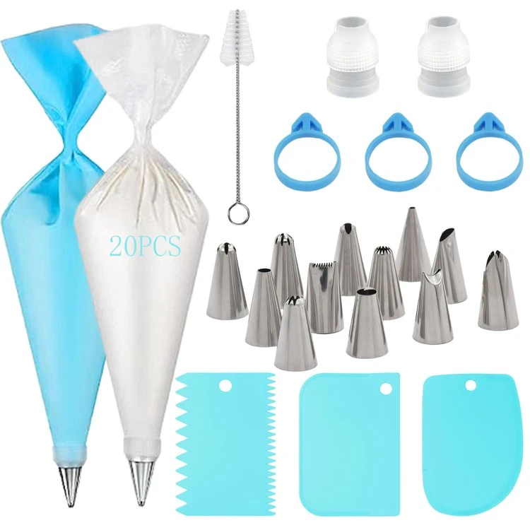42 piezas Juego de herramientas para decorar pasteles con boquillas de acero inoxidable, incluye 12 boquillas de repostería, 21 bolsas de repostería, 3 espátulas para glaseado, 3 atadores de bolsas, 2 acopladores, 1 cepillo de limpieza, para decorar pasteles, cupcakes, hornear - Multicolor - Añade 7
