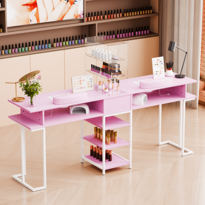 TABU 2-Person Manicure Nail Table With 3-Layer Shelves & Built-In Dust Collector - Ergonomic Salon Table With Acrylic Cabinet & Tool Organizer, Pink/White/Black