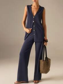 Women's Elegant Casual Knit 2-Piece Set, Knit Deep V-Neck Single-Breasted Vest + Knit Wide-Leg Pants, Fashionable Minimalist Commuter Style, Classy Old Money Vibe 2-Piece Outfit, Women's Street Fashion - Navy Blue - View 5