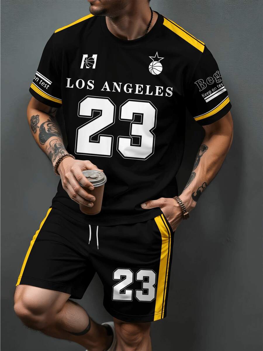 Plus Size Men's 23 Graphic Print Short Sleeve T-Shirt And Shorts Set, Fashionable For Summer Sports - Multicolor - View 1