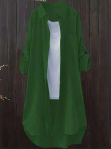 Women's Casual Solid Color Roll-Up Sleeve Shirt, Spring/Autumn - Green - View 3