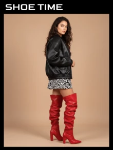 Over The Knee Wide Calf Slouchy Chunky Heel Boots - 紅色 - 查看 1