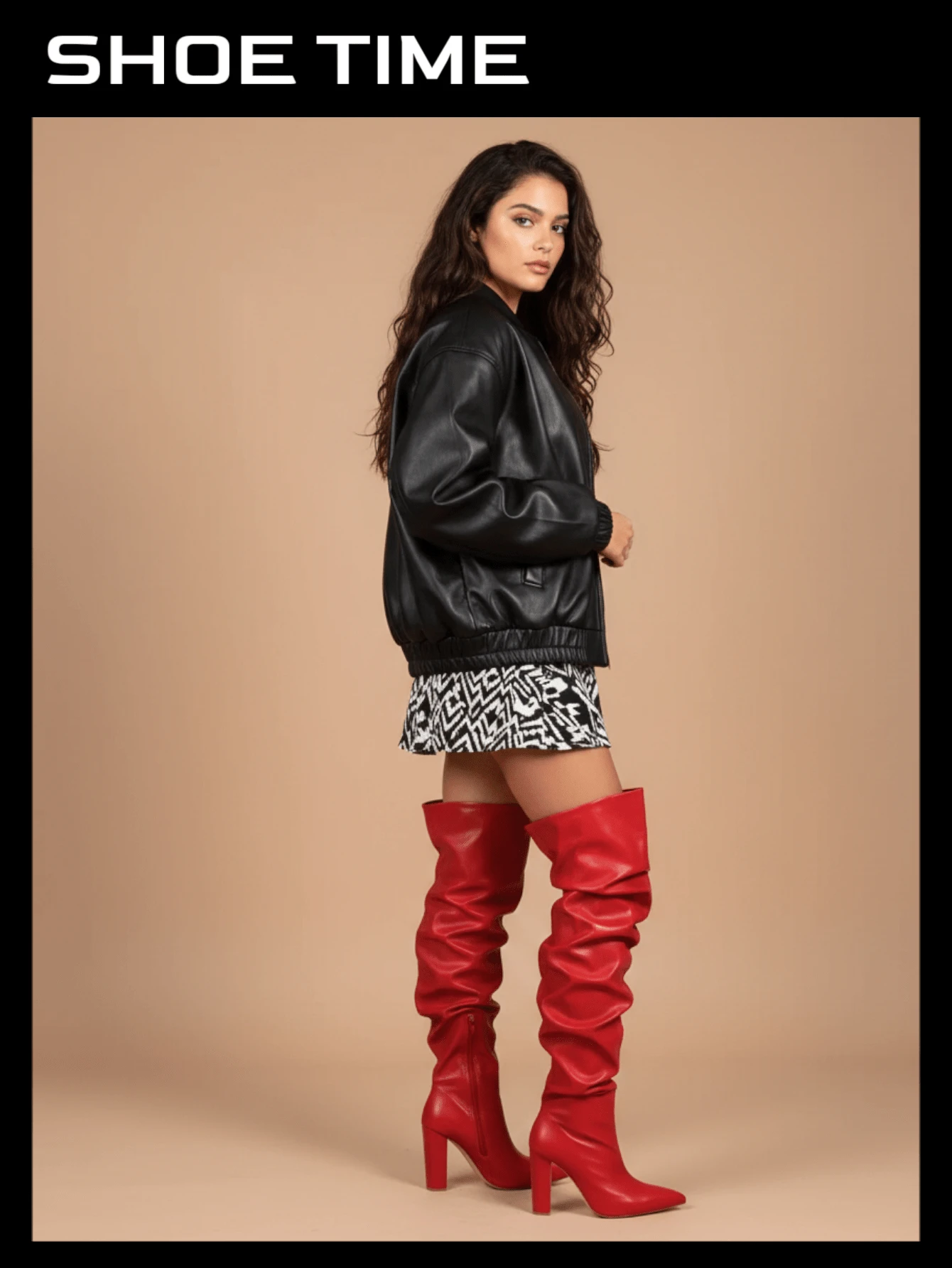 Over The Knee Wide Calf Slouchy Chunky Heel Boots - 紅色 - 查看 1