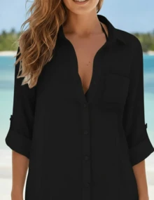 Women's Beach Cover-Up With Pocket, Plain, Soft, Lightweight, Comfortable, Long Sleeve, Simple Button Closure, Casual Beach Vacation Shirt Dress - 黑色 - 查看 3