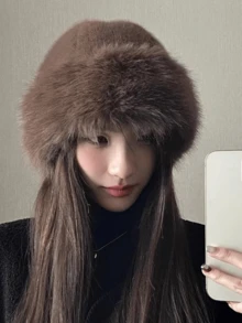 1 pieza Sombrero de moda de unicolor de piel sintética de talla grande, cálido forro polar para otoño e invierno - A - Ver 9