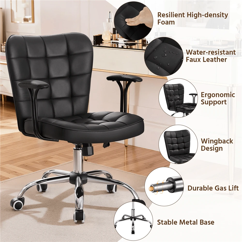 Butterslay Modern PU Leather Swivel Office Chair Upholstered Vanity Chairs With Detachable Padded Arms & Height-Adjustable Seat Tiltable Accent Chair For Living Room, Bedroom, Office, Pink/White/Black - 黑色 - 查看 1