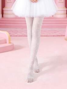 1件装女童/儿童白色连裤袜，爱心装饰，简约时尚轻盈透气镂空连裤袜，柔软舒适亲肤，休闲防勾丝网眼袜，适合返校、假期、郊游、舞蹈练习、舞台表演等场合。 - 白色 - 查看 3