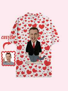 Personalized Hawaiian Shirt For Men, Brazil Collar Button-Up Shirt, Spring/Summer Vacation Outfit, Heart Print Short Sleeve Shirt With Funny Face, Customized Beach Holiday Shirt, Couple Matching Shirt, Unique Valentine's Day Gift For Boyfriend, Husband, Family, Friends - Multicolor - View 3