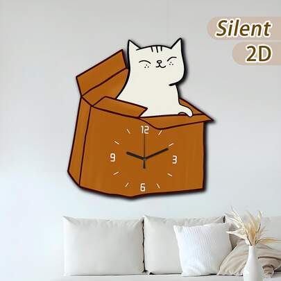 1pc Asymmetrical Wooden Texture Silent Wall Clock With Cartoon Cat Sitting On A Brown Cardboard Box, Available In 11.81" Or 15.75", Battery Operated (Batteries Not Included), Suitable For Hallway, Balcony, Bathroom, Ideal For Christmas, New Year, Mother's Day, Father's Day, Friends, Wedding Home Decor And Gifts