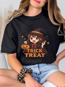 Womens Trick Or Treat Halloween Anime Witch Sweatshirt, Cute Kawaii Pumpkin Pullover, Spooky Season Gift Sweater T-shirt - Negro - Ver 2