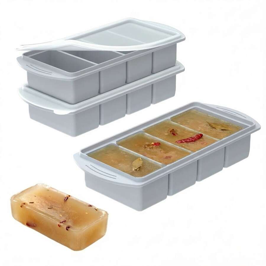 Silicone Freezer Trays With Lid, Food Storage Containers With Lids, Large Ice Cube Tray For Soup, Sauce & Leftovers, 1 Cup Meal Prep Containers With Easy Release, Freezer Storage, Oven & Dishwasher Friendly, 2-Pack - 灰藍色 - 查看 1