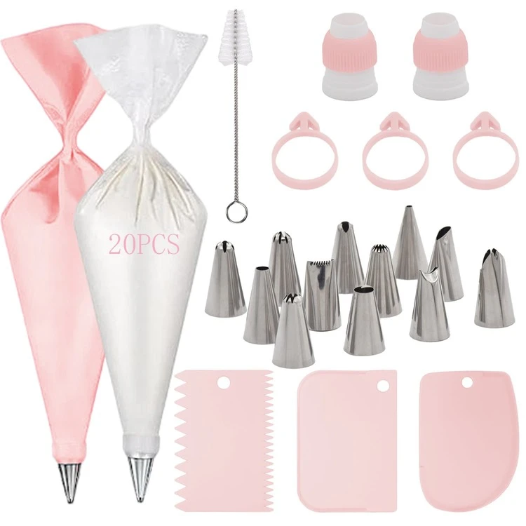 42 piezas Juego de herramientas para decorar pasteles con boquillas de acero inoxidable, incluye 12 boquillas de repostería, 21 bolsas de repostería, 3 espátulas para glaseado, 3 atadores de bolsas, 2 acopladores, 1 cepillo de limpieza, para decorar pasteles, cupcakes, hornear - Multicolor - Añade 9