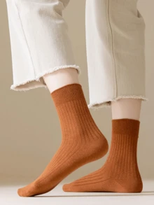 3/5 Pairs Vintage Style Solid Color Mid-Calf Yoga Socks, Vertical Stripe Women's Mid-Calf Socks, Antibacterial Anti-Pilling Moisture-Wicking Sports Socks, Suitable For Indoor Sports Yoga Pilates Fitness, Casual Versatile Socks, Sports Yoga Socks - Multicolor - View 4