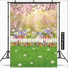 [2d Flat Banner]1 pieza Fondo de fotografía de Pascua de primavera con flores rosas, césped verde y escenario natural - Multicolor - Ver 1