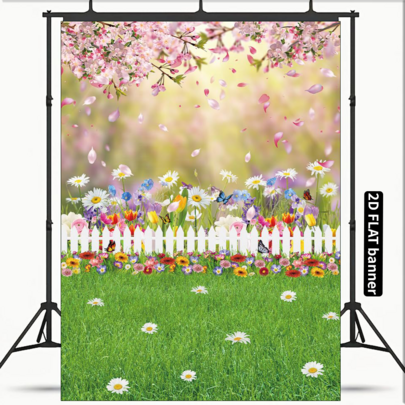 [2D Flaches Banner] 1 Stück Frühlings-Ostern Hintergrund Rosa Blumen Fotografie Hintergrund Ostern Grüne Wiese Natürliche Szenerie