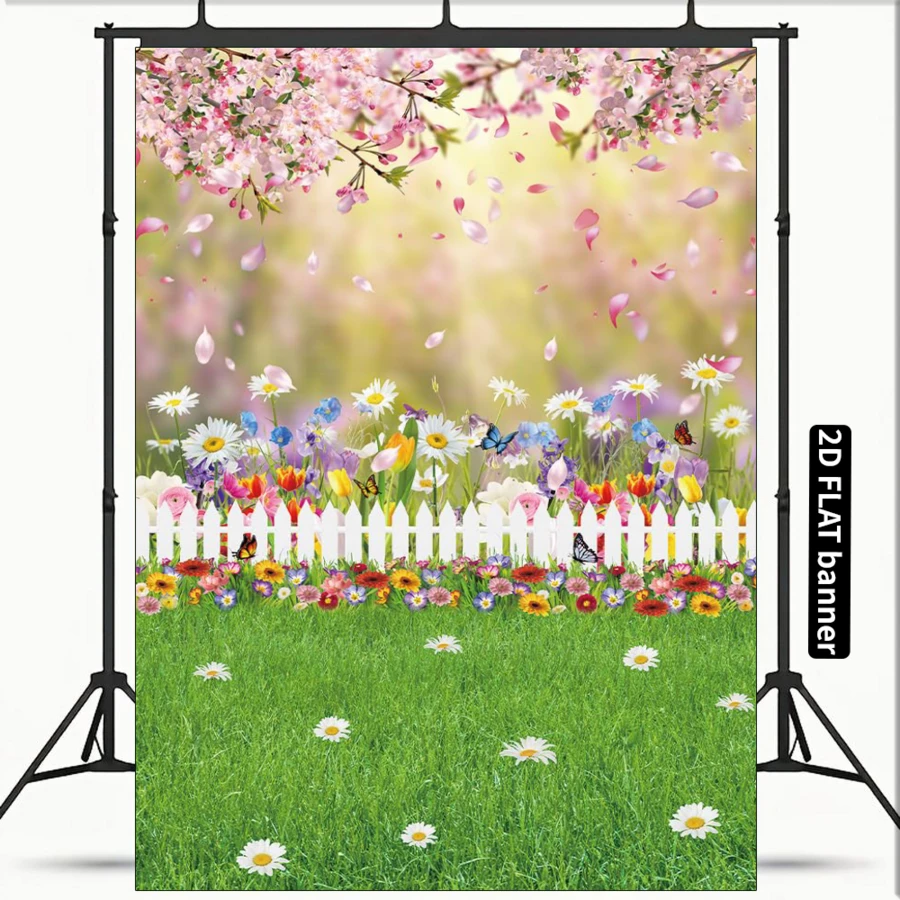 [2d Flat Banner]1 pieza Fondo de fotografía de Pascua de primavera con flores rosas, césped verde y escenario natural - Multicolor - Ver 1