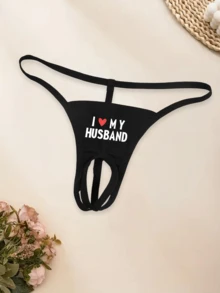 1 chiếc quần lót dây gợi cảm không đáy dành cho nữ, in chữ "I LOVE MY HUSBAND", chất liệu co giãn, thoáng khí, thoải mái, thích hợp cho ngày Valentine. - màu đen - Xem 1