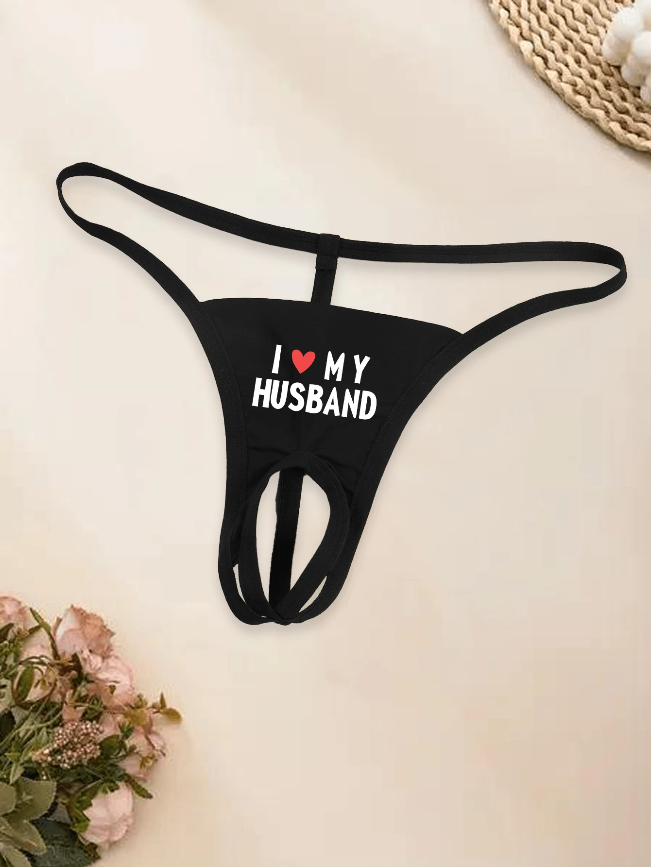 1 chiếc quần lót dây gợi cảm không đáy dành cho nữ, in chữ "I LOVE MY HUSBAND", chất liệu co giãn, thoáng khí, thoải mái, thích hợp cho ngày Valentine. - màu đen - Xem 1