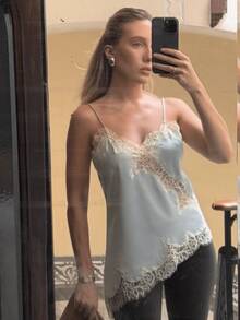 HZXVIC 女士新款纯色蕾丝边不对称度假上衣，性感迷人夏季风 - 淺藍色 - 查看 9