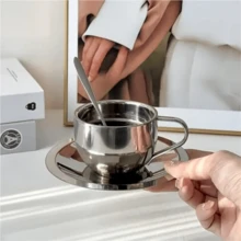 3pcs Stainless Steel Double Wall Coffee Cup, Milan Cup, Outdoor Insulated Water Mug, Milk Cup Gift Set (With Coaster, Spoon, Cup) - Multicolor - View 6