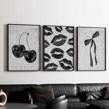 3幅无框黑白复古樱桃帆布海报，可爱蝴蝶结墙饰，学院风装饰，唇吻图案，艺术墙画礼品，暗黑学院风，卧室、客厅、家居及宿舍墙面装饰 - 黑與白 - 查看 14