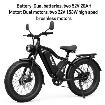 20-Inch High-Carbon Steel Frame With Dual Controllers, Shock-Absorbing Double-Shoulder Aluminum Front Fork, Dual 52V 20AH Batteries, Dual 52V 750W High-Speed Brushless Motors, Color LCD Instrument Panel With USB Charging Port, 20*4.0-Inch Tires, 20-Inch Single-Layer Aluminum Alloy Rims, Adult Electric Bicycle.