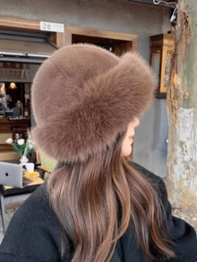 1 pieza Sombrero de moda de unicolor de piel sintética de talla grande, cálido forro polar para otoño e invierno - A - Ver 11