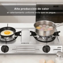 Placa de gas de doble quemador / Cuerpo de acero inoxidable, fabricada para durar y fácil de limpiar. Su eficiente diseño de combustión con llama concentrada proporciona un calor potente y uniforme, ideal tanto para saltear a alta temperatura como para cocinar a fuego lento. Cuenta con un dispositivo de integrado que se activa en caso de fallo de la llama, por lo que es la opción ideal para la cocina familiar. - Plateado - Ver 5