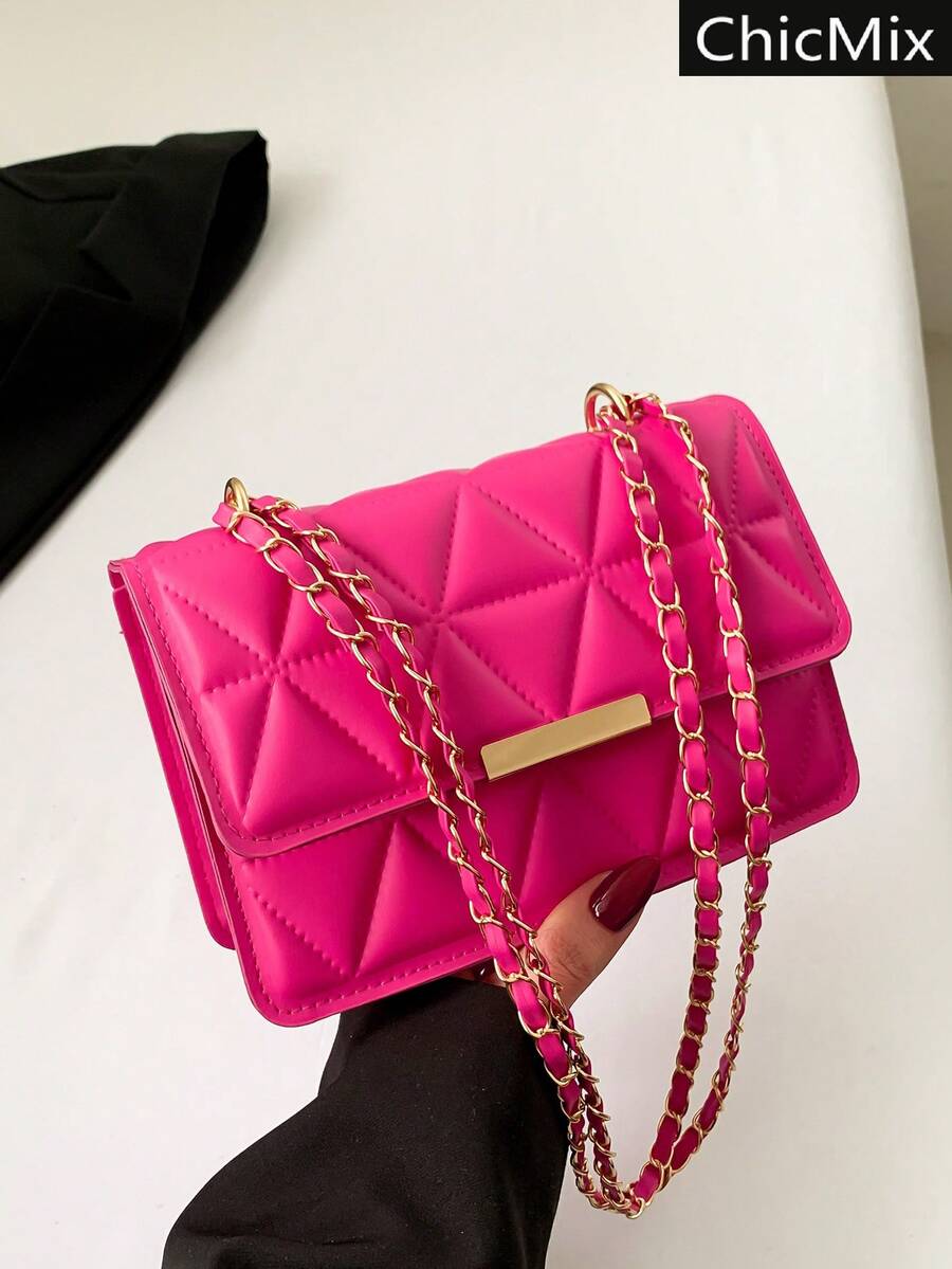 Fashion Solid Color Flap Pressed Texture Chain Crossbody Mini Bag - Hot Pink - View 1