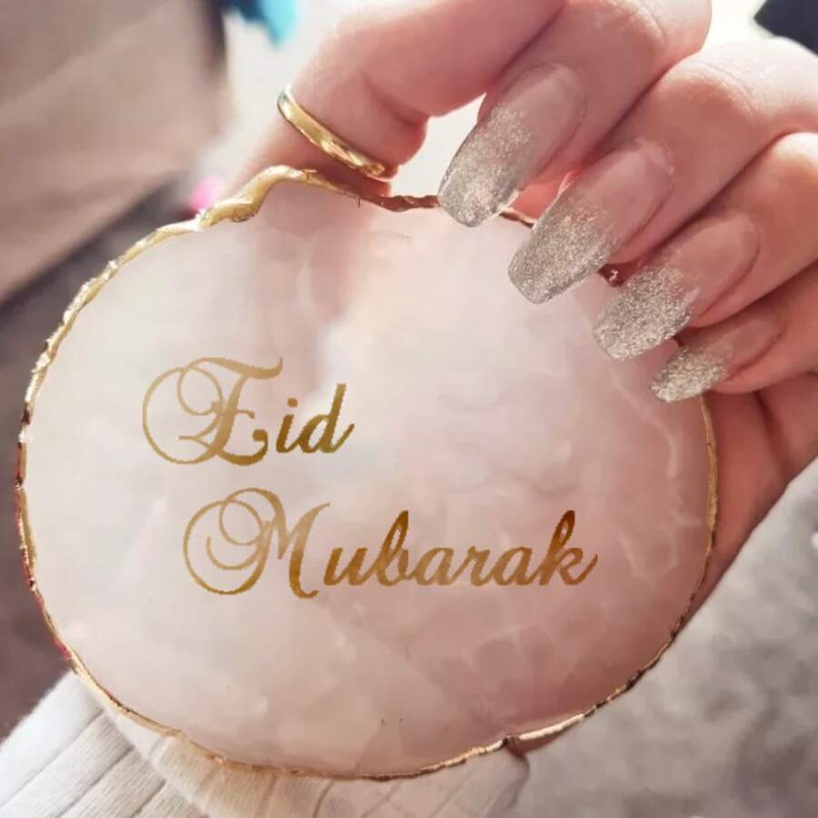 Posavasos de resina dorada Eid Mubarak - Diseño asimétrico redondo de estilo islámico elegante, con letras doradas y textura de mármol falso, adecuado para Ramadán, Eid, bodas, inauguración de la casa - Protector de mesa resistente al calor, regalo de decoración del hogar