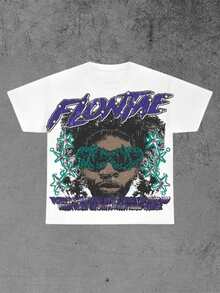 Men's Clothes White Tee With Purple And Teal Graphic Print American Streetwear T Shirt, Round Neck Short - Sleeved Graphic Tee, 100 Percent Cotton Men Tops Tee - 白色 - 查看 1