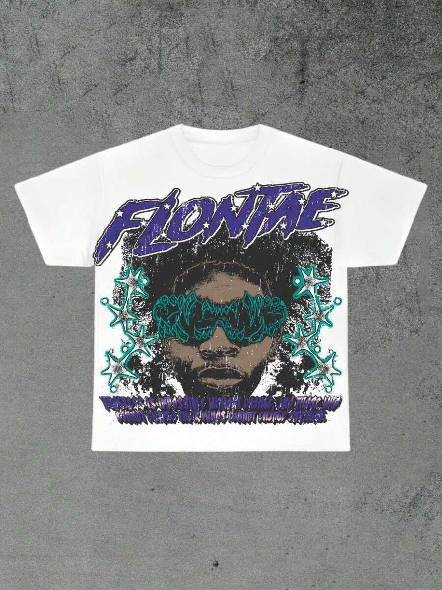 Men's Clothes White Tee With Purple And Teal Graphic Print American Streetwear T Shirt, Round Neck Short - Sleeved Graphic Tee, 100 Percent Cotton Men Tops Tee - 白色 - 查看 1