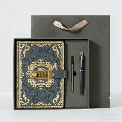 Cuaderno de cuero vintage con cerradura de combinación, formato A5, diario secreto con estampado floral, páginas interiores rayadas, un regalo para damas y niñas, incluye bolígrafo y caja de regalo.
