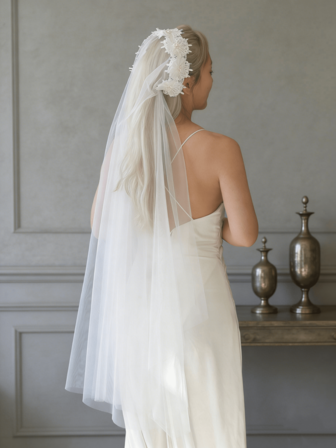 1件白色仿珍珠蕾丝贴花新娘头纱，适合婚礼、单身派对、摄影、新娘配饰，不含发梳