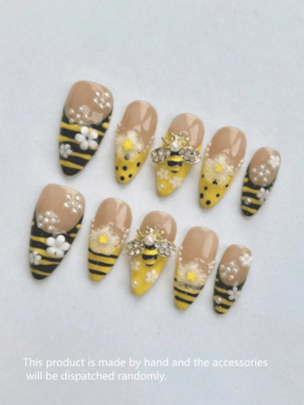 10 Pieces Acrylic Press On Nails, Long Almonds Fake Nails, Nail Supplies,With Bees And Flowers As The Main Elements, Paired With Pearls, It Is Full Of A Sweet Atmosphere,Suitable For Ladies To Use In Weddings, Parties, Holidays, Gift Nail Tools.