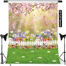 [2d Flat Banner]1 pieza Fondo de fotografía de Pascua de primavera con flores rosas, césped verde y escenario natural - Multicolor - Ver 2
