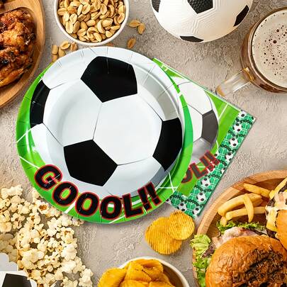A Set Of 50pcs Of Football-Themed Party Tableware, Featuring Soccer Designs, Includes Two Sizes Of Party Paper Plates (7-Inch And 9-Inch), Party Napkins, And Party Cups, Suitable For Birthday Parties, Showers, Family Gatherings, School Reunions, And Picnics.