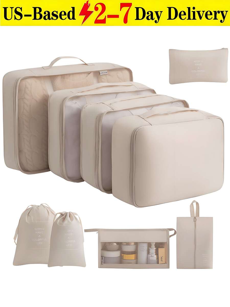 (2-7 Daysmust Arrive)9Pcs Portable Travel Storage Bag Set, Travel Packing Cubes, Letter Graphic Beige Clothes Storage Bag, Travel Organizer Set, Packing Cube Set, Suitcase Storage Bag Set, Travel Luggage Packing Organizer Bags Including Shoe Bags, Portable Travel Luggage Organizer Bags, Clothes & Shoes Storage Bags, Travel Containers, Makeup Organizer, Makeup Bag, Packing Cubes Travel, Packing Cubes, Travel Must Haves, Clothes Storage Clothes Organizer Travel Bag Set - Organize Your Clothing, Shoes, And Underwear With Ease - Perfect For Luggage And Suitcase Packing , Clothes/Underwear Bags, Dorm Room Essentials College, College Essentials, Travel Must Haves, Travel Packing Set Travel Essentials Travel Accessories Travel Bag For Vacation Holiday Back To School School Stuff Dorm Room Essentials College, Quick Ship Items, Vacation Essential, Home Essentials, Cruise Essential - 米色 - 查看 1