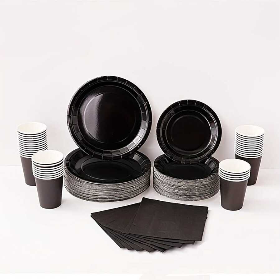 10件套黑色派对用品，包括黑色纸盘、纸杯、餐巾纸，适用于黑色生日派对装饰、万圣节黑色餐具套装、婚礼生日派对一次性餐具、日常用餐野餐露营餐盘。 - 彩色 - 查看 1