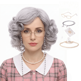 Peluca corta y rizada de color gris con flequillo, peluca de abuela, adecuada para el disfraz de fiesta de Navidad de las mujeres, peluca de abuela plateada/gris, accesorios incluidos: gafas, collar, pendientes, set de pulsera