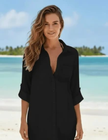 Women's Beach Cover-Up With Pocket, Plain, Soft, Lightweight, Comfortable, Long Sleeve, Simple Button Closure, Casual Beach Vacation Shirt Dress - 黑色 - 查看 4