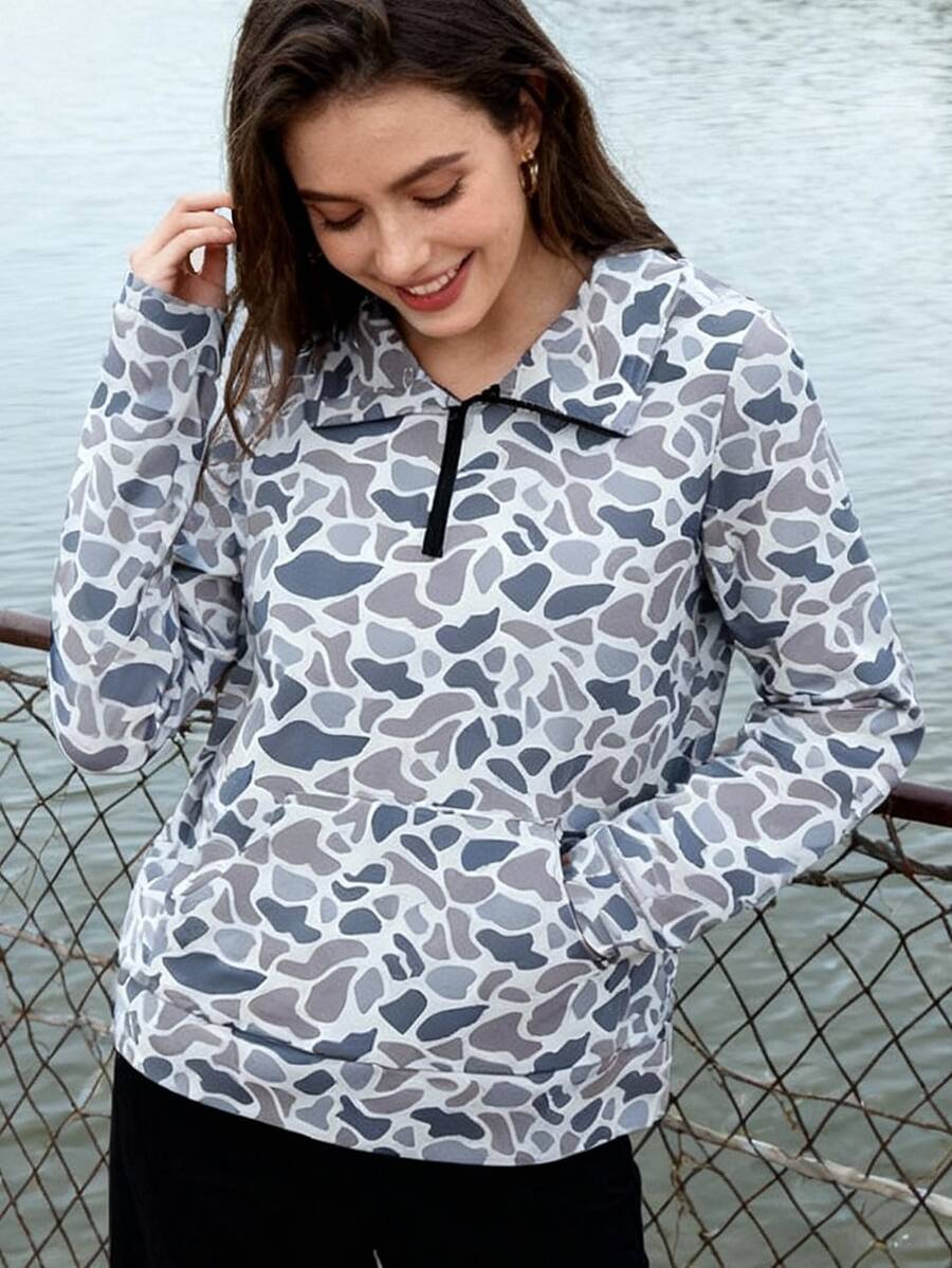 Quarter Zip Camo Hoodie Shirt For Women With Kangaroo Pocket Duck Camo Boyfriend Style Duck Camo Womens Sweatshirt, Lightweight Quick Dry Polyester Shirt - 藍色 - 查看 1