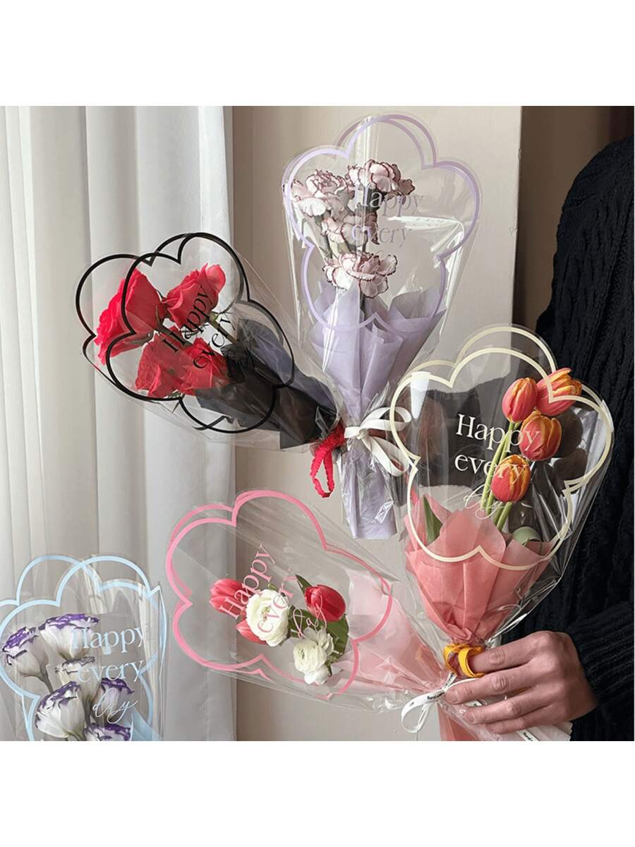 10个透明花束包装袋，带英文图案的花卉礼品包装袋，加厚防水包装袋，适用于感恩节、圣诞节、情人节花束、鲜花礼品、婚礼、生日、派对等场合。 - 彩色 - 查看 1