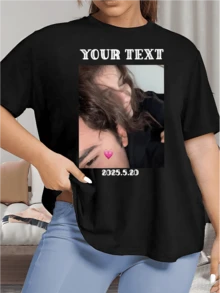 Plus-Size Custom-Designed Women's Pure Cotton T-Shirt, Made Of 35% Cotton And 65% Polyester, Perfect For Spring And Summer. Customizable With Text/Name/Message/Funny Phrase, And The Option To Upload Your Favorite Photos/Friends/Lovers/Scenery/Pet Pictures. The White T-Shirt Is Simple, Versatile, And Effortlessly Stylish. Unique And Personalized, It's An Ideal Gift For Family, Girlfriends, Friends, And Children, Suitable For Anniversaries, Birthdays, Holidays, And Other Occasions. - Black - View 2